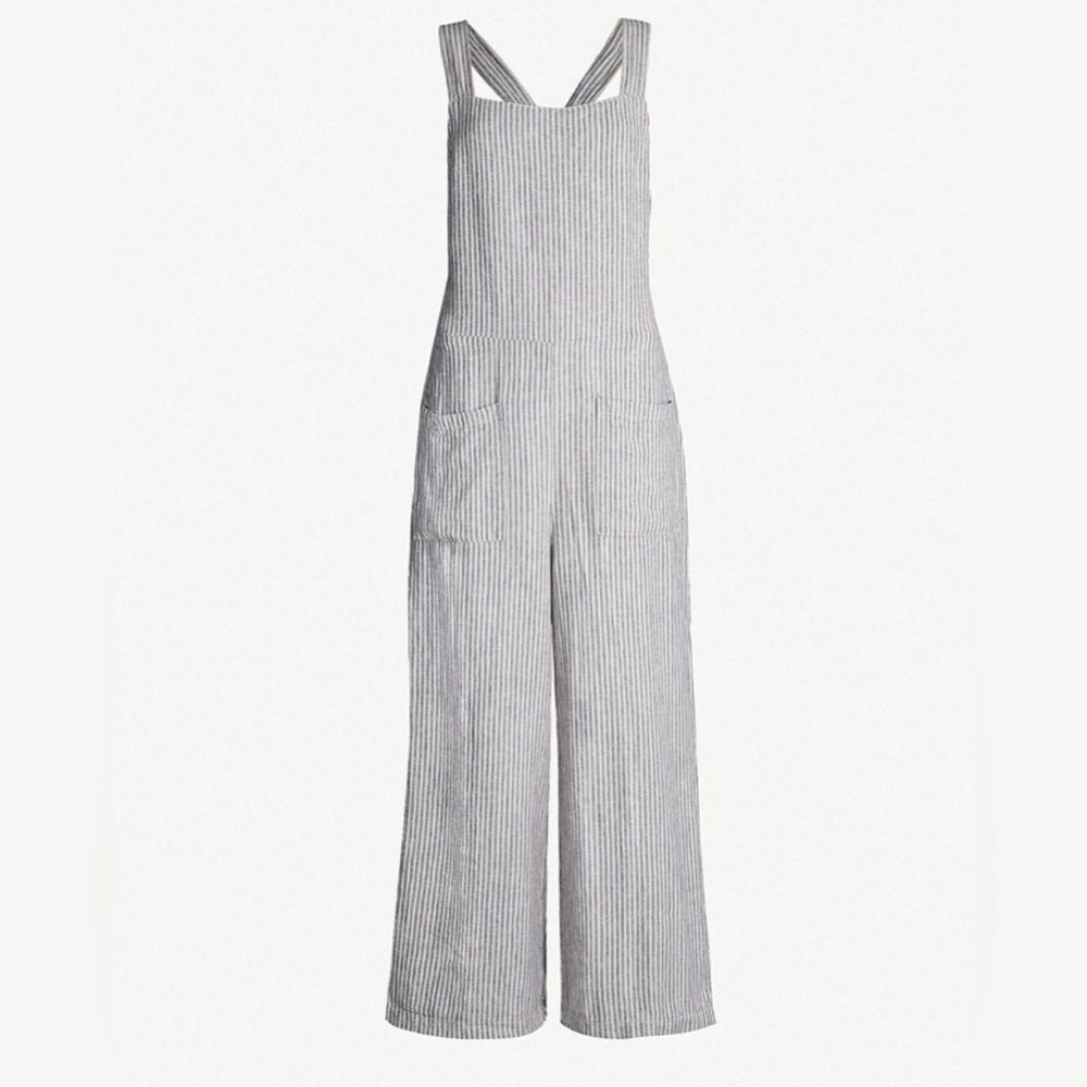Free People Gray and Cream Stripped Off The Shore Linen Blend Overall Size 4